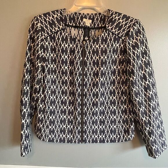 J crew Women’s Blazer Moto suit jacket size Medium M Navy white gray full zip - Picture 1 of 6